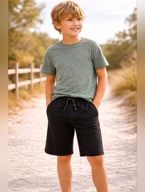 365 Kids Black Athletic Shorts Boys Size 8 Drawstring Elastic Waist Active Casua